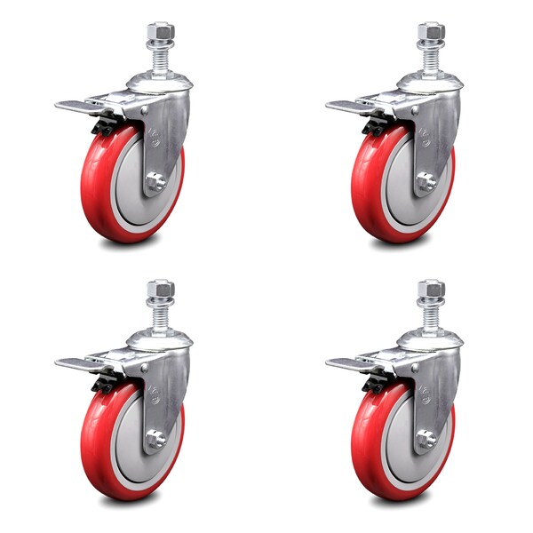Service Caster 5 Inch Red Polyurethane Swivel 1/2 Inch Stem Caster Set with Total Lock Brake SCC-TSTTL20S514-PPUB-RED-121315-4 - main